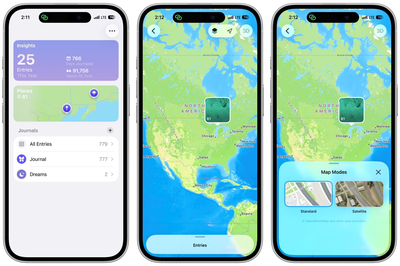 Three smartphone screens displaying a journaling app with map interfaces, location markers, and options for standard or satellite view. The left screen shows entry statistics and journal categories.
