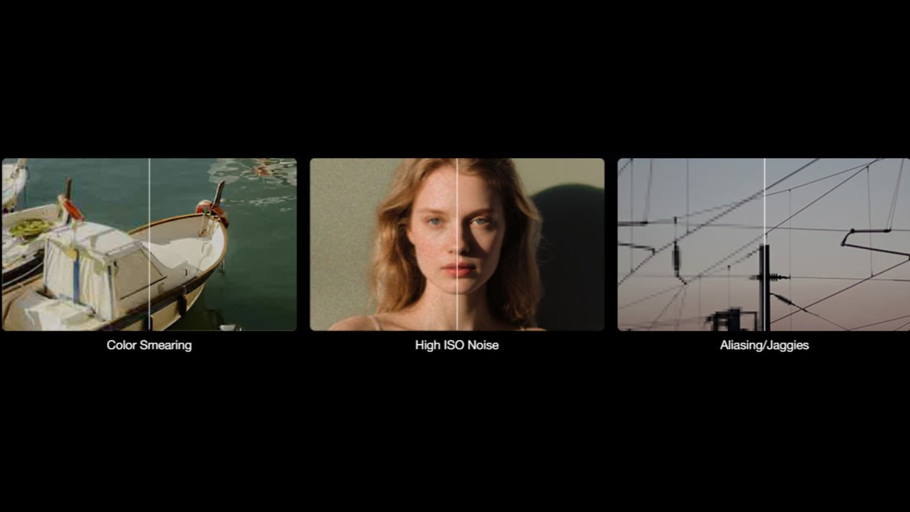 Three images compare quality differences: boat with color smearing, a person's face with high ISO noise, and wires with aliasing jaggies, each divided by a vertical line.