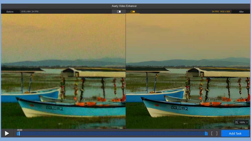 Split-screen comparison of a boat on water, showing left side blurry and right side sharp, with a distant mountain backdrop.