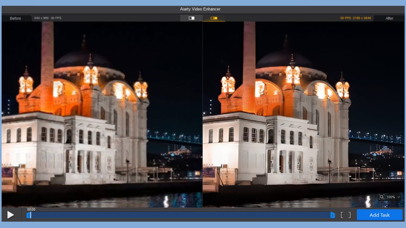 A split-screen comparison of a mosque at night; the left side is blurry, while the right side is clearer, showing improved architectural details and brighter lighting.