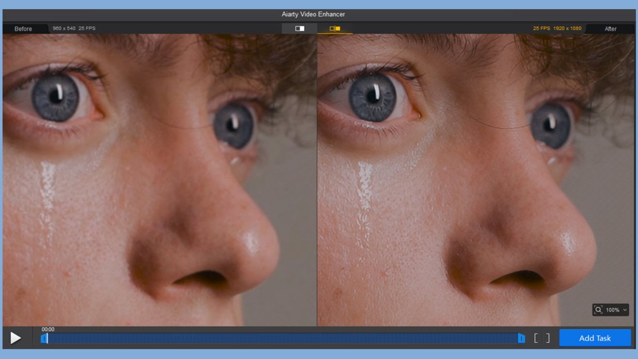 Side-by-side comparison of a close-up person's face, showing enhanced detail in tears, skin texture, and eye clarity on the right.