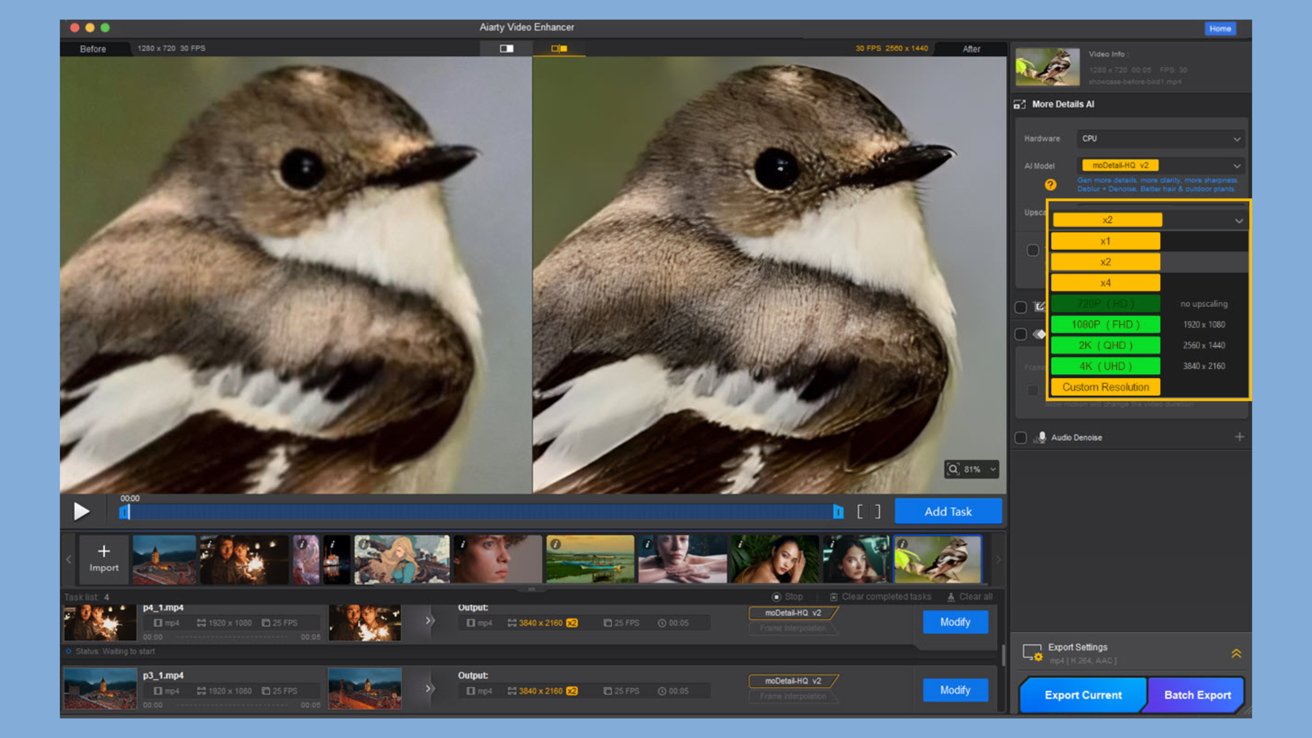 Split-screen showing a bird's face, left side blurry, right side sharp. Software interface with video enhancement options and settings below.