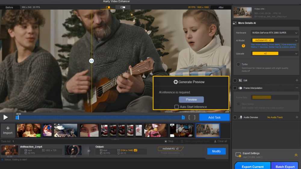 A software interface displaying video editing tools, preview panel, and a family scene with a person playing a ukulele while children watch, surrounded by Christmas trees.