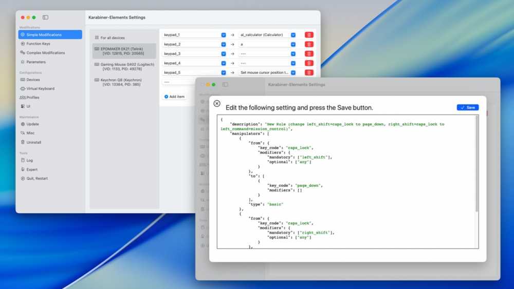 Karabiner-Elements settings interface showing device list, key modifications, and a pop-up window with JSON configuration code for custom rules.