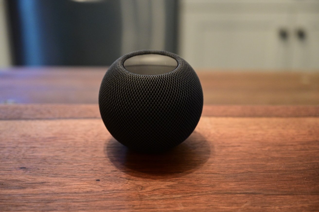 A small black spherical speaker with a mesh exterior rests on a wooden surface, with a blurred background.