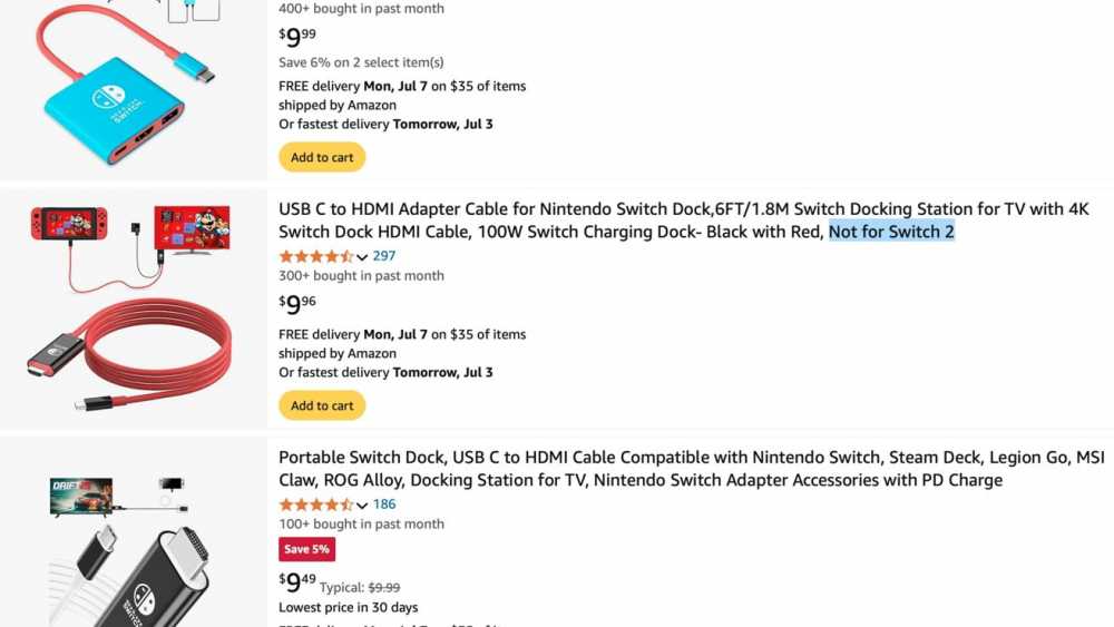 Online shopping page featuring various USB C to HDMI adapters and docking stations for Nintendo Switch. Pricing, ratings, and delivery options are displayed for each product.
