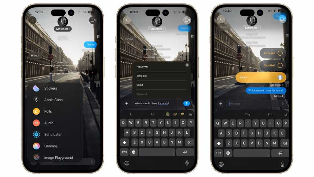 Three smartphone screens display a messaging app with various functions like polls and stickers. A city street photo serves as the background. A poll about lunch options is shown.