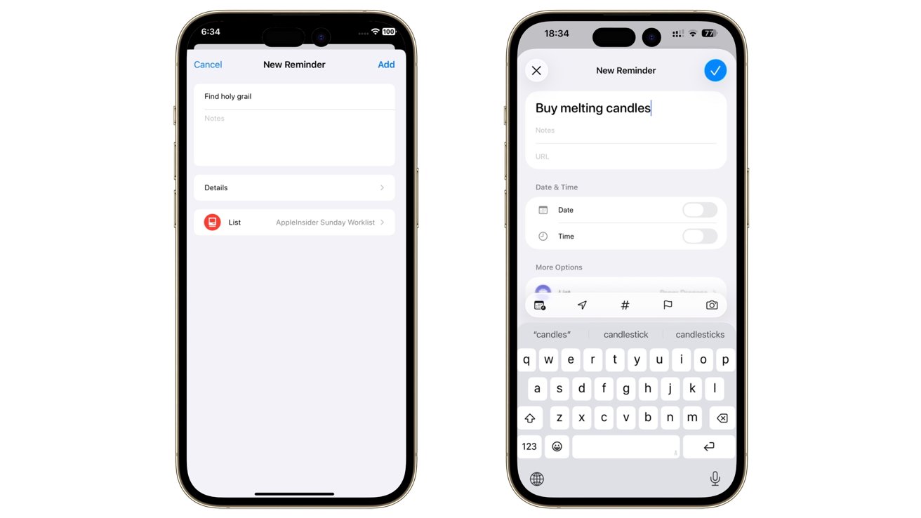 Two smartphone screens showing 'New Reminder' interfaces; left screen lists 'Find holy grail,' and right screen has 'Buy melting candles,' with options for date and time.