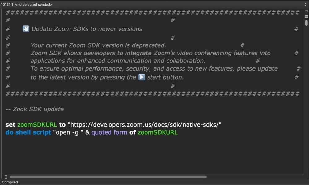 Code editor displaying instructions to update deprecated Zoom SDK with hyperlinks and shell script for accessing the SDK documentation.