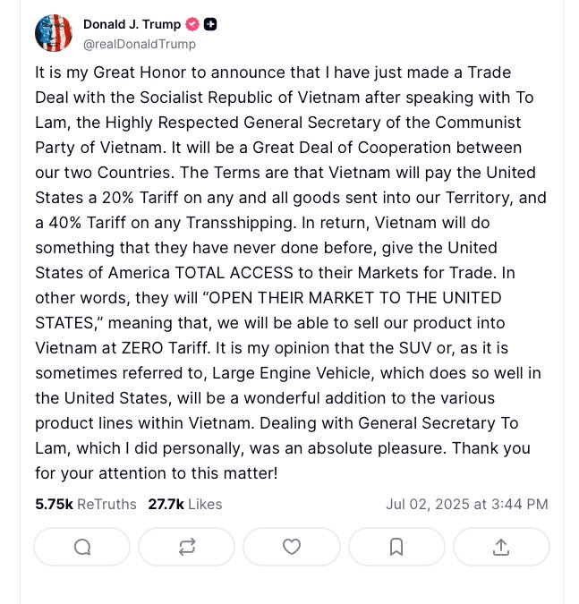 Social media post announcing a trade deal with Vietnam, highlighting tariffs and market access, by a verified account on July 2, 2025. Includes engagement metrics.