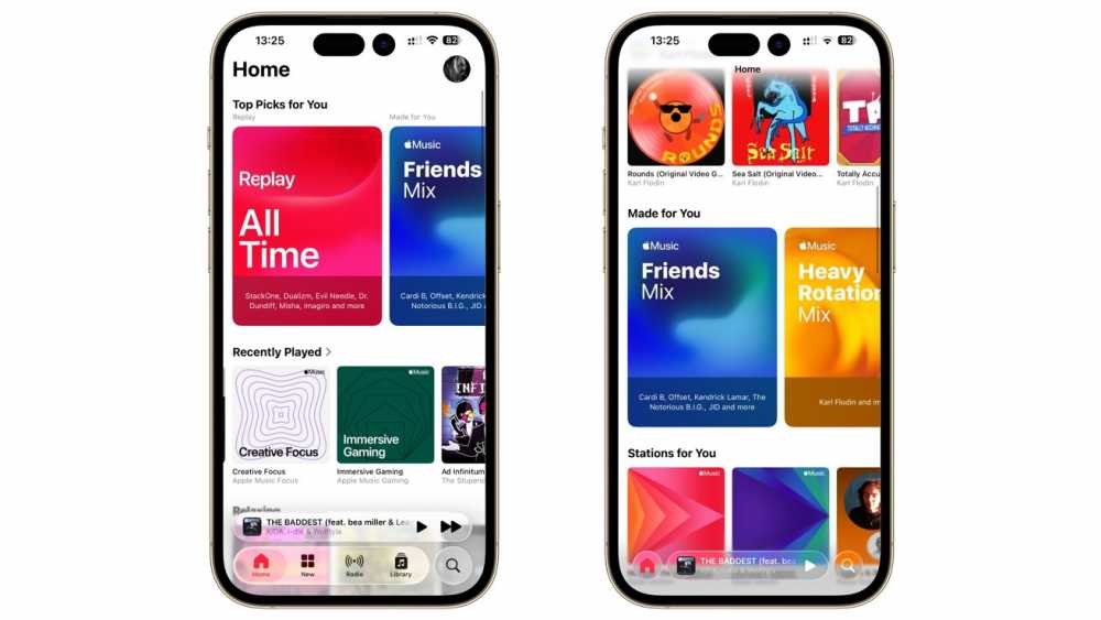 两部智能手机显示了音乐应用界面，featuring colorful playlists titled 'All Time,' 'Friends Mix,' and 'Heavy Rotation' with album art and song selections.