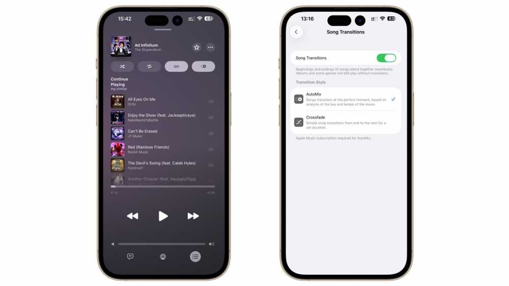 两部智能手机显示音乐应用程序和歌曲过渡设置；左侧屏幕显示播放列表，右侧屏幕显示过渡选项，如自动混音和交叉渐变。