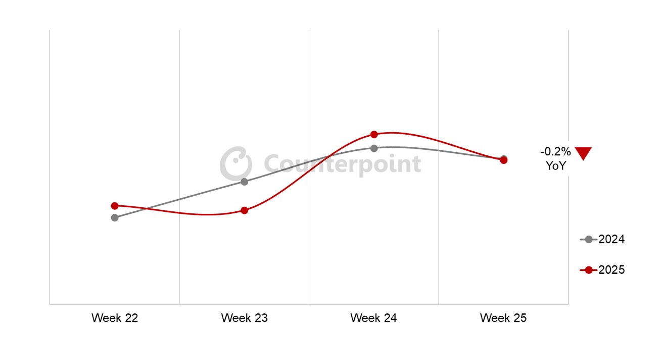 Line graph comparing weeks 22 to 25 for 2024 and 2025, showing a slight decline of 0.2% year-over-year.