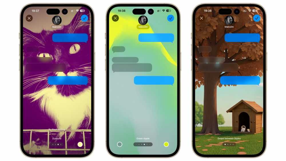 Three smartphone screens with themed backgrounds: a purple cat, abstract colors, and a tree with a doghouse. Each shows text bubbles in a messaging interface.