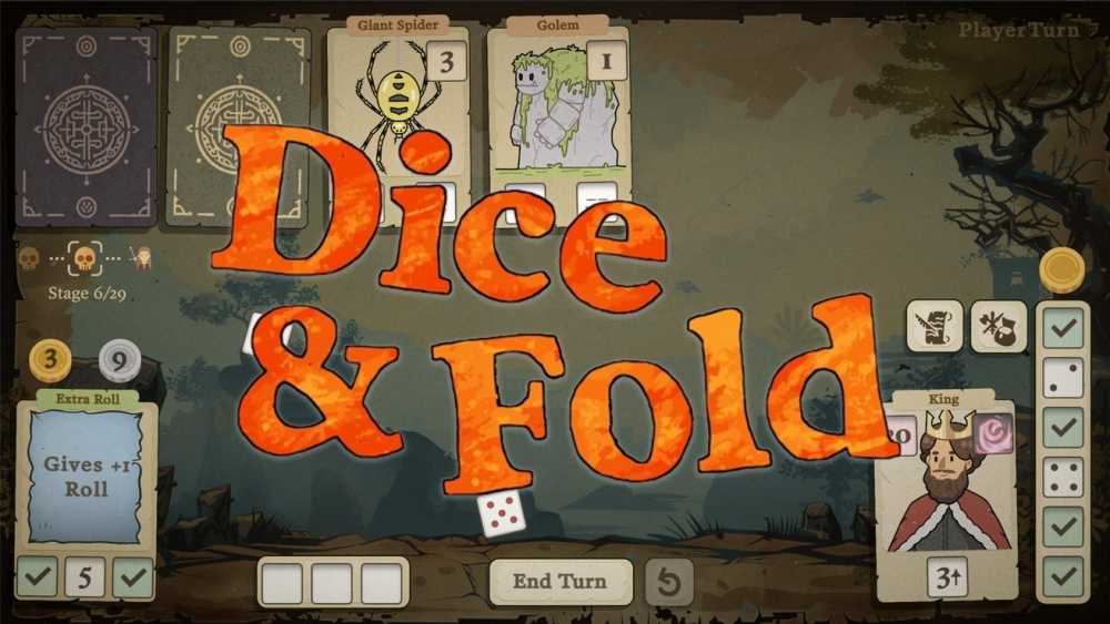 游戏界面，卡通人物与亮橙色的“Dice & Fold”文字。有蜘蛛和傀儡卡片，显示有阶段和动作，背景是林地。