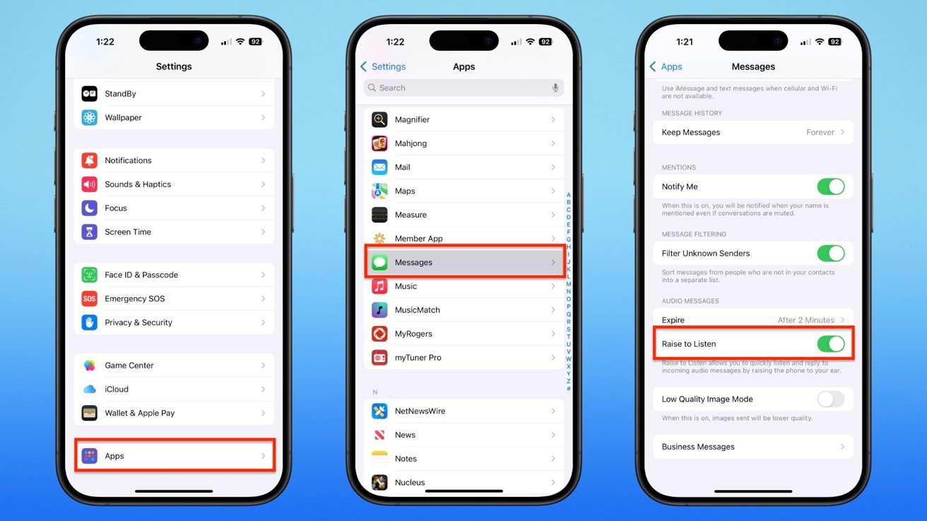 三部智能手机屏幕显示 iPhone 上的设置菜单，其中包含访问消息应用的步骤，并突出显示了“提起以听筒模式播放和录制”切换选项已打开。