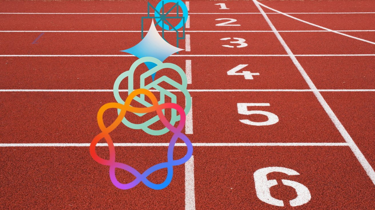 Running track lanes with numbers 1 to 6 on red surface, overlaid with colorful overlapping geometric logos.
