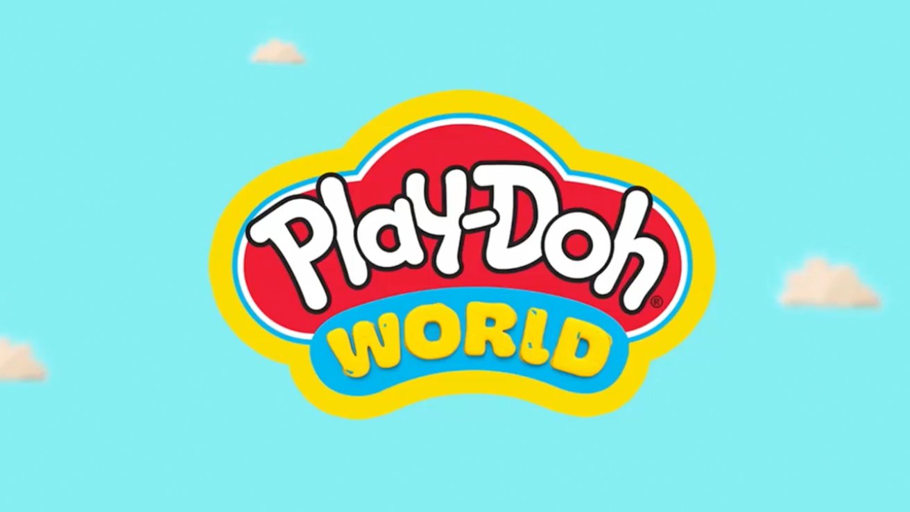 Play-Doh World logo with playful white letters on a red background, outlined in yellow and blue, against a light blue backdrop with small clouds.
