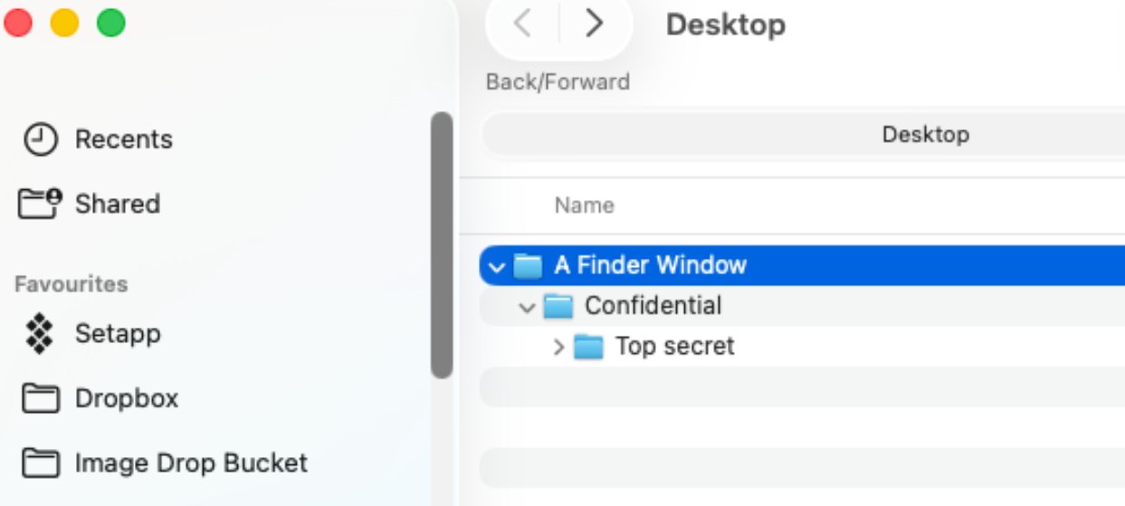 Computer screen showing a Finder window with folders labeled 'A Finder Window,' 'Confidential,' and 'Top secret.' Sidebar includes Recents, Shared, Setapp, Dropbox, and Image Drop Bucket.