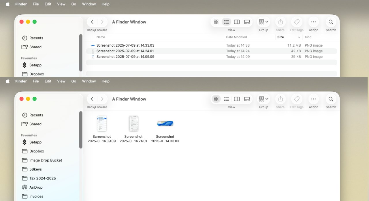 Two Finder windows on macOS. One lists screenshots by name, date, and size; the other displays file icons in grid view. Sidebar shows Recents, Shared, and Favorites.