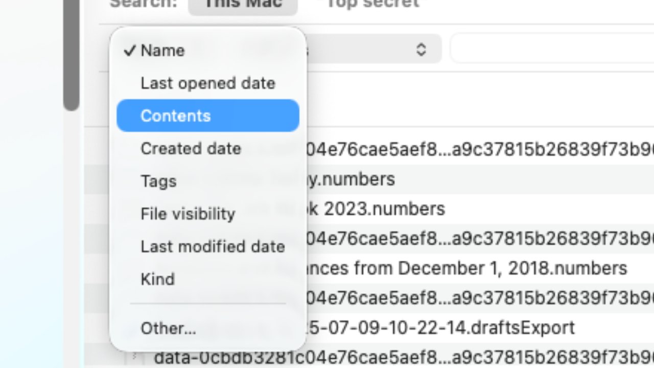 File search interface displaying options, including name, last opened date, and contents, with several file entries partially shown below.