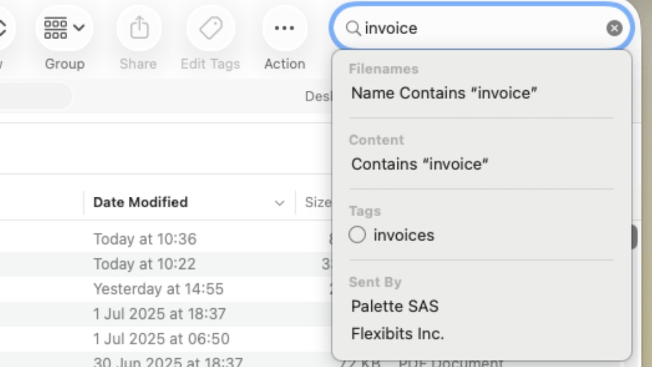 Search results for 'invoice' with options for filename, content, and tags; displaying files modified on various dates, including today and earlier.