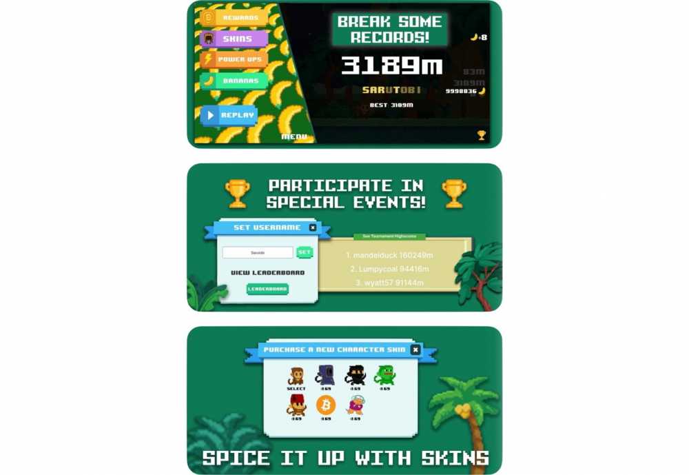 Game interface with leaderboard, usernames, character skins, and options for rewards, skins, power-ups, and replay, set against a jungle-themed background.