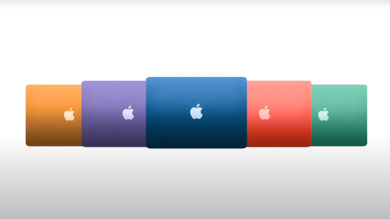 Five colorful laptops with glowing apple logos displayed in purple, yellow, blue, red, and green on a white background.