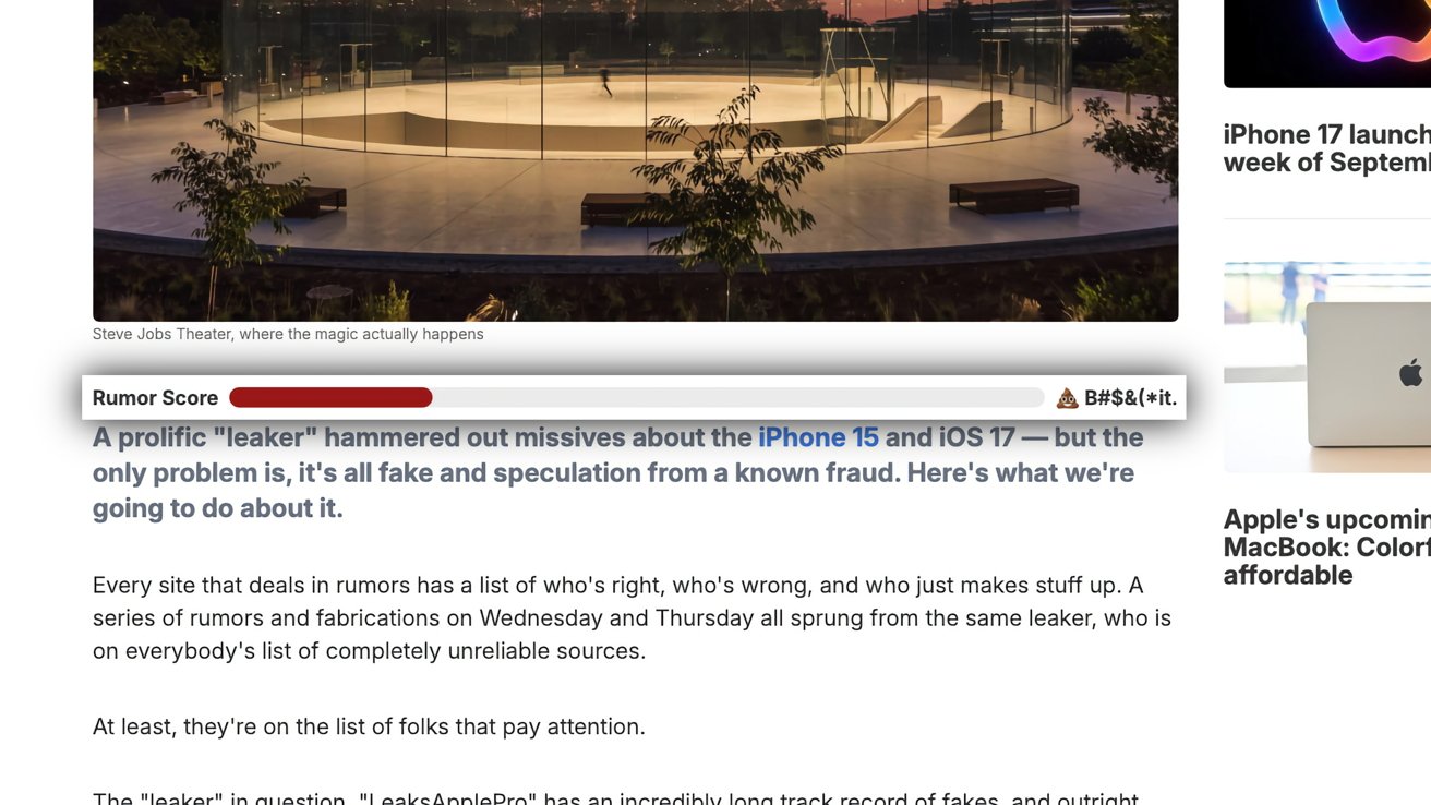 A glass building with a circular design surrounded by trees, labeled as Steve Jobs Theater, including a 'Rumor Score' graphic with text about fake news.