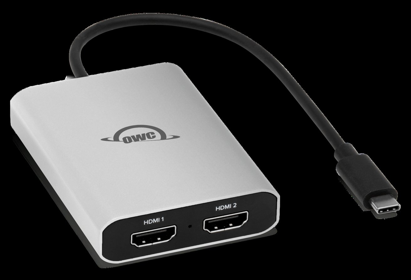 Silver adapter with two HDMI ports labeled HDMI 1 and HDMI 2, and a connected USB-C cable, featuring the OWC logo.