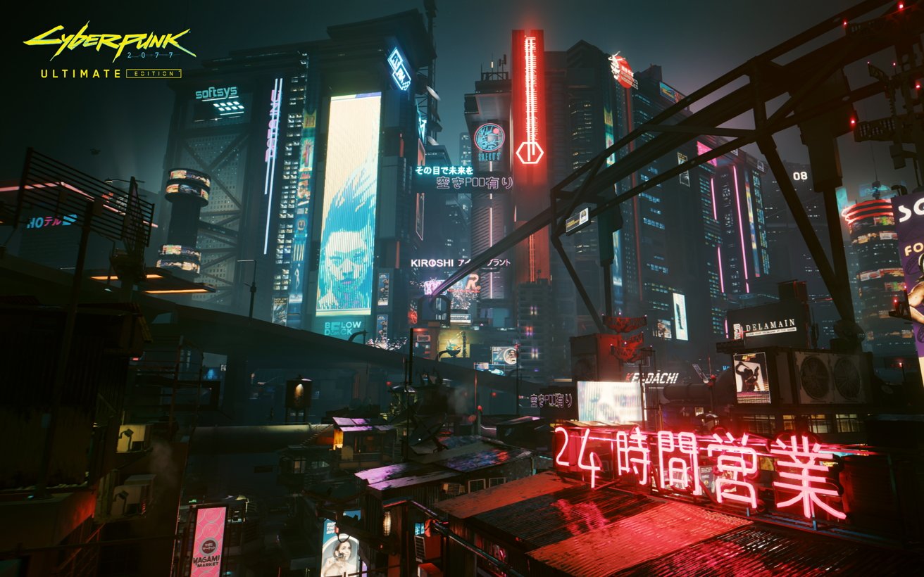 Futuristic cityscape at night featuring neon lights, towering skyscrapers, digital billboards, and elevated walkways against a dark sky.