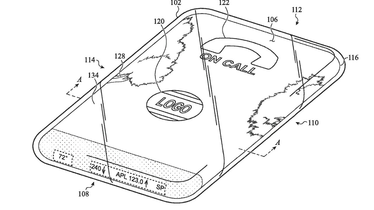 采用全玻璃机身的iPhone设计草图，展示多面显示效果