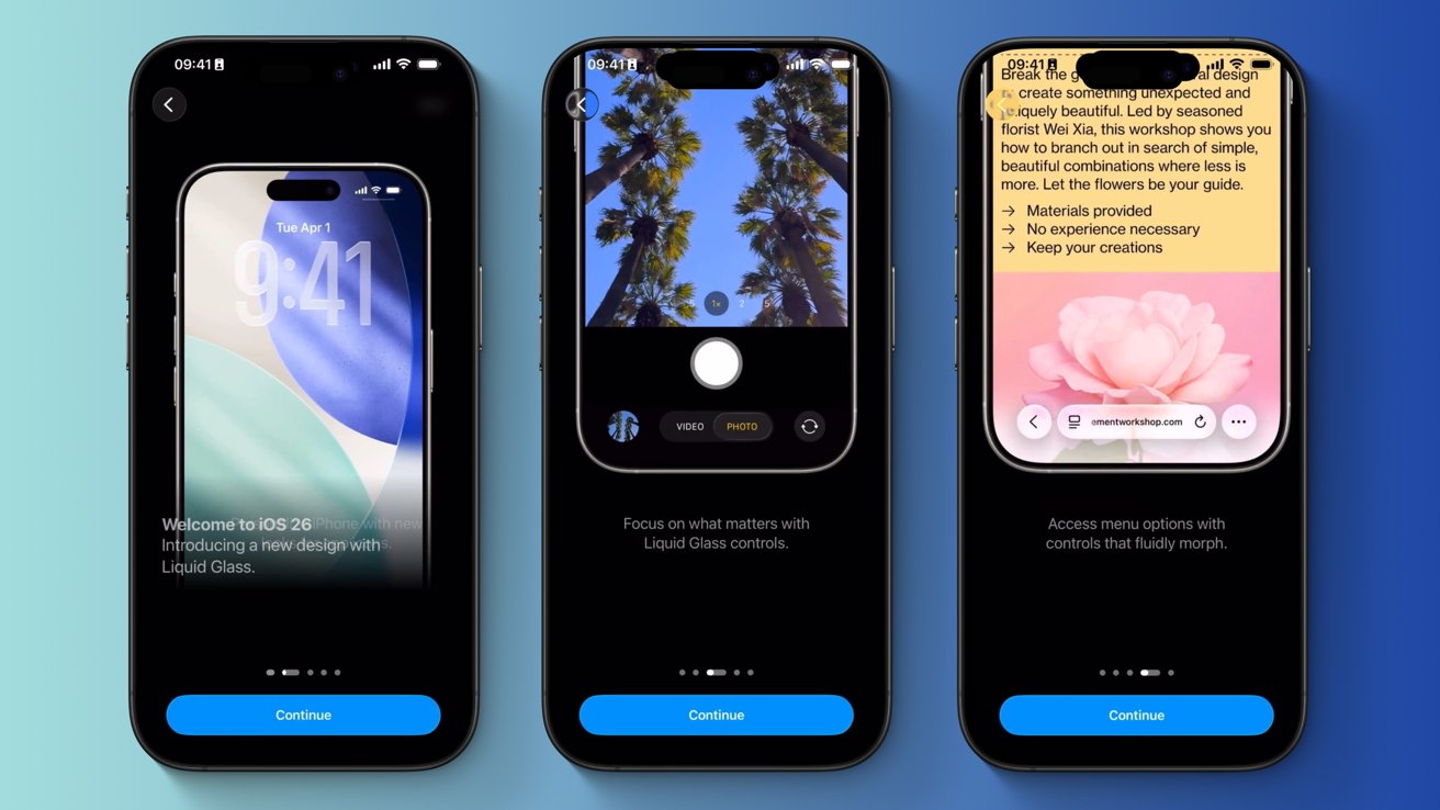 展示iOS 26新引导界面的三张手机截图