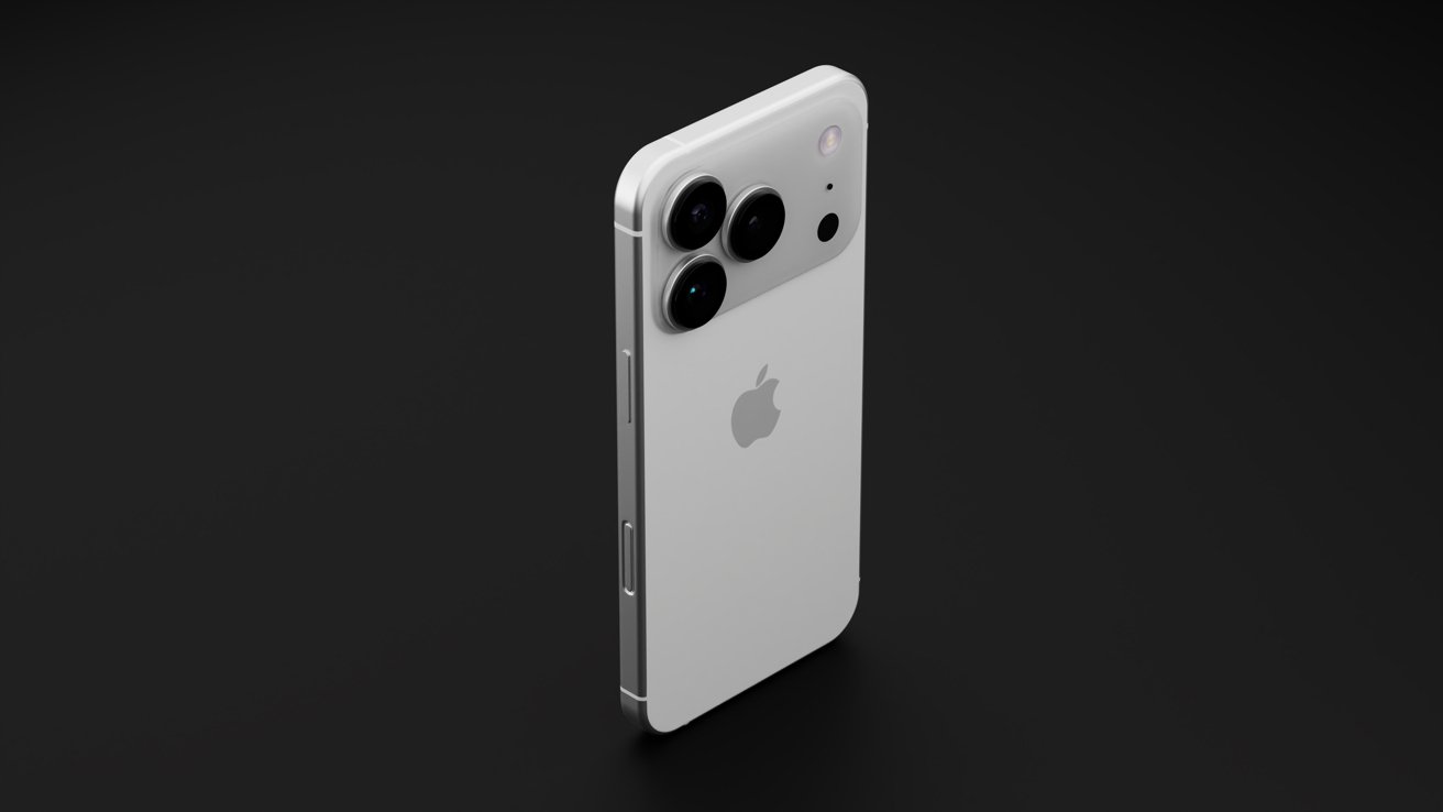 白色iPhone斜放在深色背景上，展示背部三摄设计