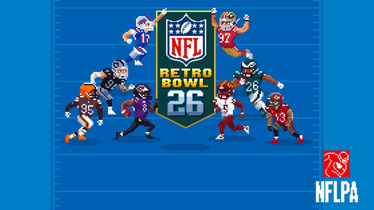 像素风格的足球运动员围绕NFL复古碗26标志，背景为蓝色球场，角落有NFLPA标志