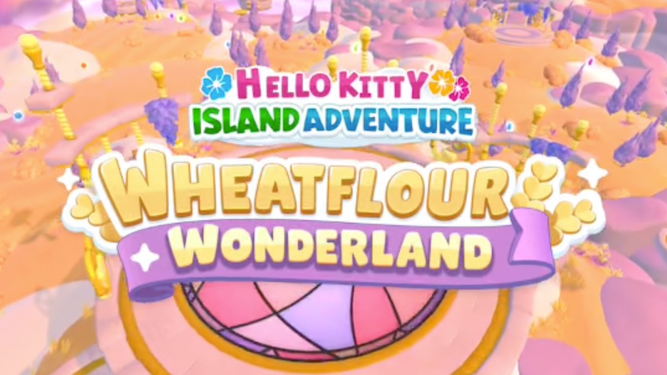 粉橙色动画景观中显示文字：Hello Kitty岛面粉仙境