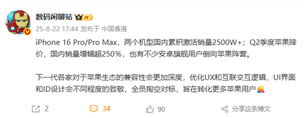 iPhone 16 Pro/Pro Max国内销量超2500万 安卓旗舰用户转投苹果