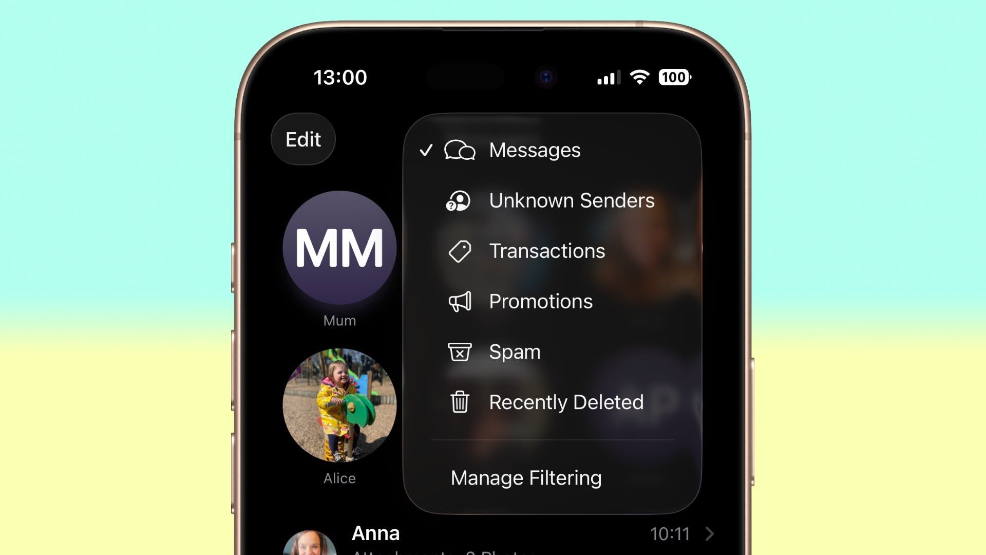 messages filter menu full ios
