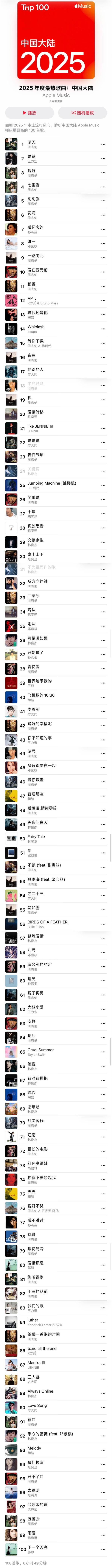 Apple Music发布2025年度中国大陆最热歌曲TOP100：周杰伦霸榜