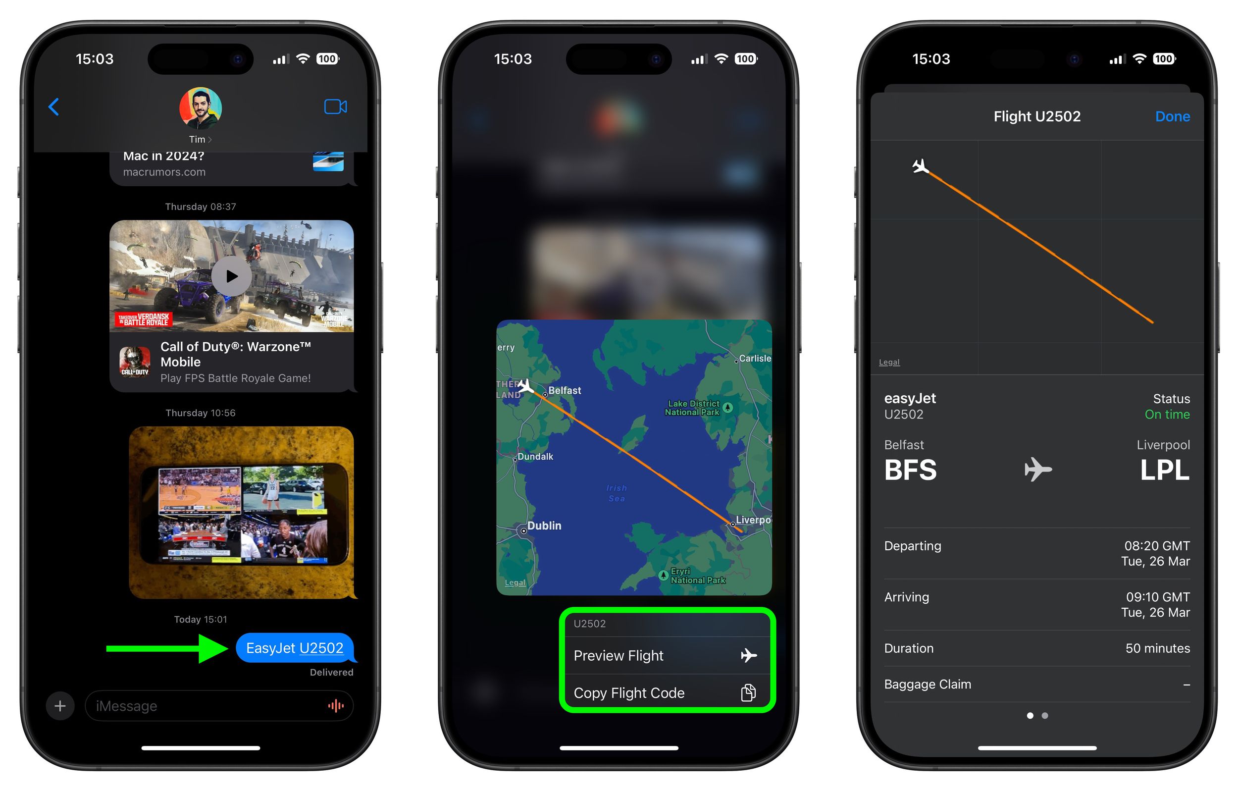 在信息应用中查看航班动态