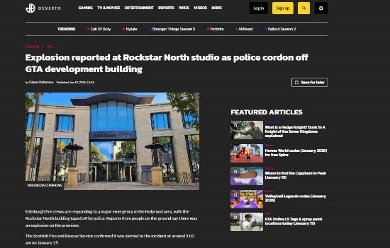 警方封锁R星北方工作室大楼