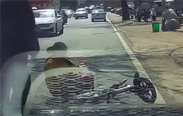 行车记录仪拍摄画面显示女子因路面颠簸摔倒