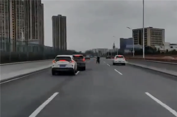 一辆灰色SUV紧急变道刹车