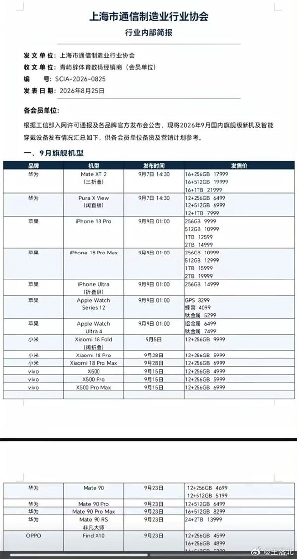 发布时间/售价一览！苹果18、小米18、华为Mate 90、Mate XT2等售价单流出